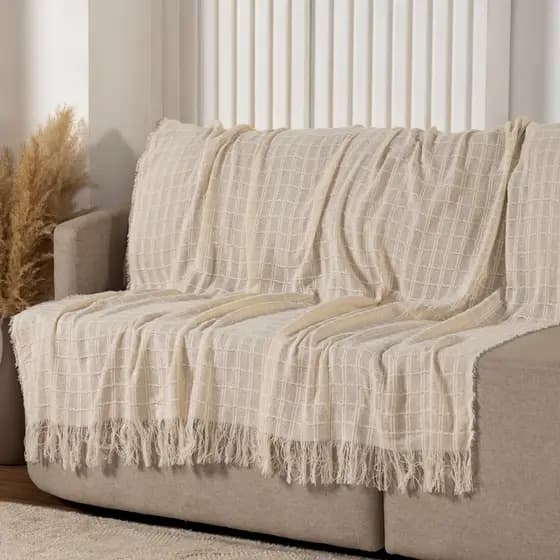 Manta Decorativa Doha 100% Algodão 1,40x1,70m Franjas Sofá Cama Sala Moderna Conforto Estilo