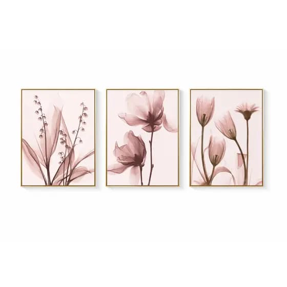 Kit 3 Quadros Florais Rosé Elegante – Decoração Sala Quarto Feminino Moderno Premium