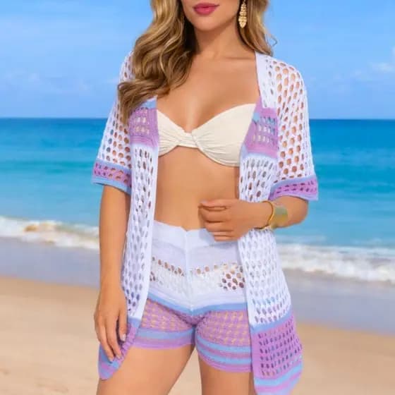 Conjunto Feminino Saida de Praia Kimono Top e Shorts Moda Verão Estiloso Versátil Tricot Premium