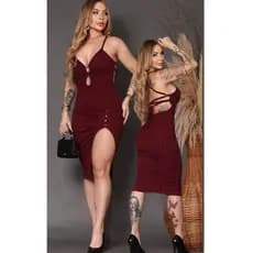 Vestido Feminino Midi com Fenda e Decote Elegante, Justo com Alças Finas, Rivanna Premium