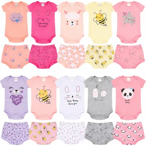 kit 10 peças body + shorts menina 5 body+5 shorts- 5 conjuntos feminino roupa infantil