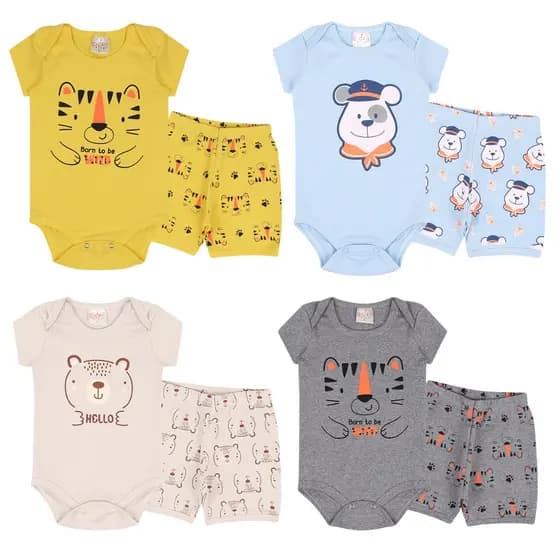 kit 4 Peças body curto e shorts menino - 2 body + 2 shorts ( tapa fralda) - Roupa para Bebê Oferta