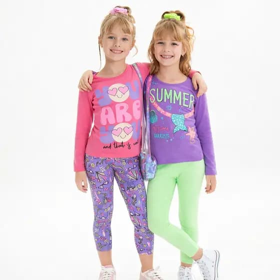 Kit 4 Peças de Roupa Feminino Infantil Meia estação - 2 Blusas manga longa + 2 calças legging Menina