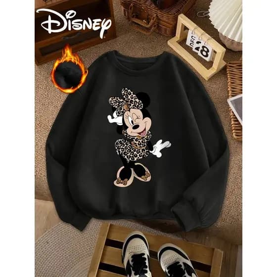 Blusa de Inverno Feminina Confortável Minnie Mouse Estampa Leopardo - Gola Redonda Manga Longa