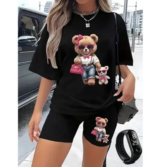 Conjunto Feminino Academia Camiseta + Bermuda Estampa Ursinha Estilosa+ RELOGIO DIGITAL BRINDE
