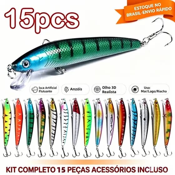 Kit 15 Iscas Flutuantes Minnow 9,5cm Isca Artificial Wobbler Crankbait para Carpa e Perca Equipamento de Pesca