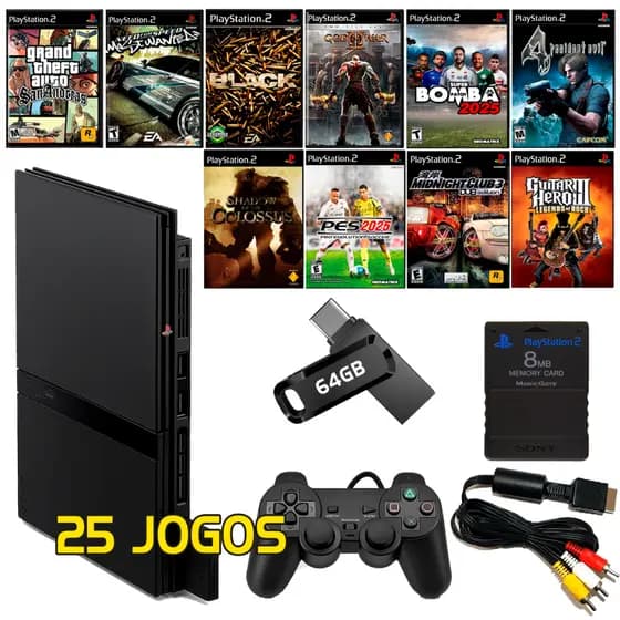 Console Playstation 2 Slim + 1 Controle + 25 Jogos + Pendrive 64GB + Memory Card + Cabos