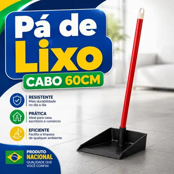Pá de Lixo 60cm Cabo Longo Plástico Reforçado Limpeza Casa Comércio Escritório Profissional
