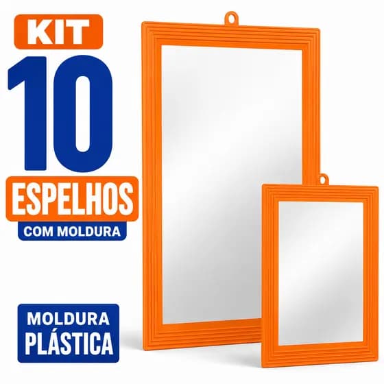 Kit 10 Espelhos Parede Moldura Plástica Laranja Banheiro Quarto Sala Barbearia Decorativo