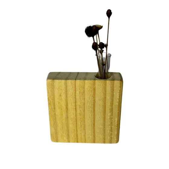 Vasinho Big Tubo Quadrado Em Pinus Natural Com Tubo De Vidro Design Artesanal