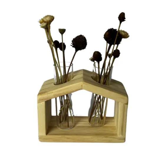 Vasinho Casinha Dupla Pinus Natural Com Tubos De Vidro Mini Vaso Planta Decorativo Artesanal