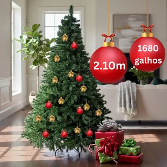 Árvore de Natal Luxo 210cm com 1680 Galhos e Base de Ferro – Grande, Realista e Desmontável