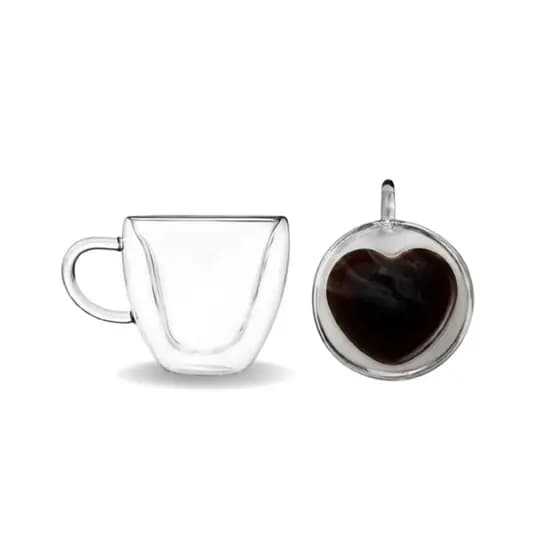 Jogo Xícaras Vidro Duplo 90ml Coração 2/4/6 Und Parede Dupla Café Chá