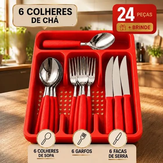 Faqueiro Completo 24 Talheres Aço Inox com Suporte Gaveteiro para Cozinha