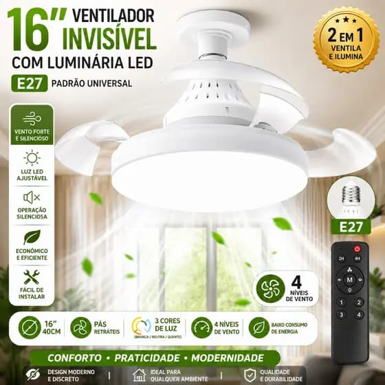 Ventilador de teto pequeno invisível com luz e controle remoto, 16 Polegadas 40cm Silencioso para Quarto