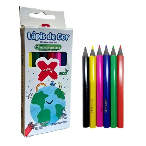 Lápis de Cor 6 Cores Infantil Escolar Eco Atóxico Hexagonal Resina Reciclada Make+