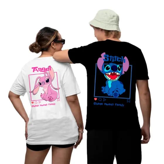 Kit 2 Camisetas Casal Over Stitch E Angel Filme Desenho Animado Lançamento 2025