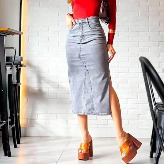 Saia Midi Evangélica com Fenda Lateral Tecido com Lycra Marmorizada e Jeans Clara Veste Bem Empina Bumbum Premium