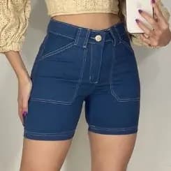 Bermuda Jeans Feminina Ciclista Cintura Alta e Bolsos de Alfaiataria com Lycra short tendência