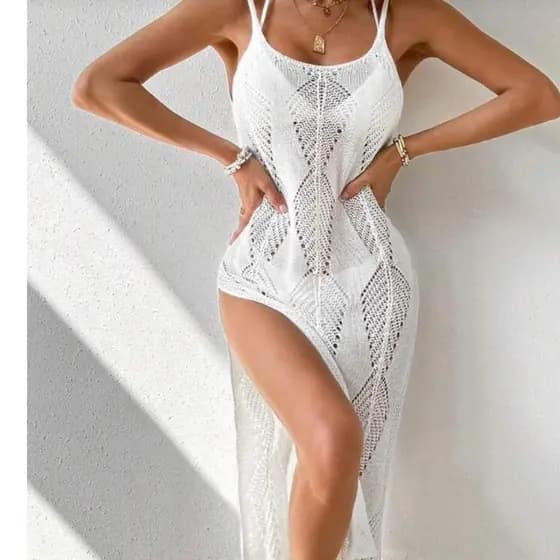 Saida de praia Vestido tricot Crochê Com Fendas Laterais e Cintura modelada