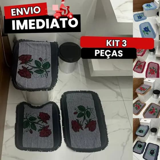 Kit 3 Peças Tapete para Banheiro De algodão Decoração Artesanal Premium