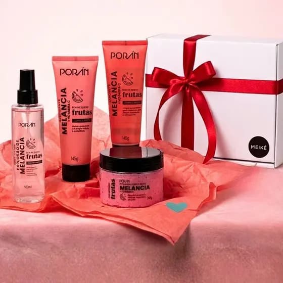 Kit Presente Dia dos Namorados Cosméticos Poran Melancia Embalagem Especial Hidratante Esfoliante, Body Splash