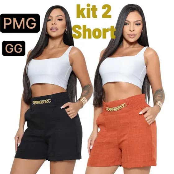 KIT 2 Short Social Linho Cintura Alta com Elástico, Corrente Metálica e Bolsos funcional P.M.G.GG