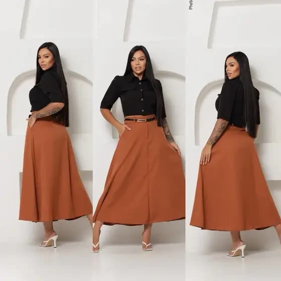 Saia Longa rodada Feminino Alfaiataria com Cinto