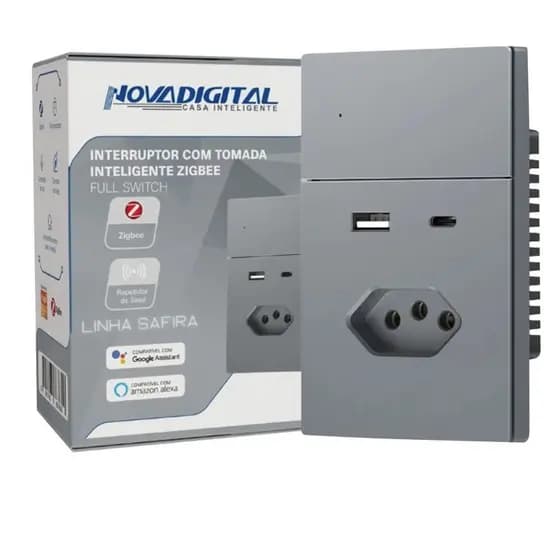 Interruptor Inteligente Novadigital Zigbee 1 Tecla Botão Com Tomada 20A + USB-A USB-C Linha Safira