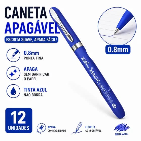 Caneta Apagável Azul 0.8mm Magic12 Escrita Suave Escolar Escritório 12 Unidades