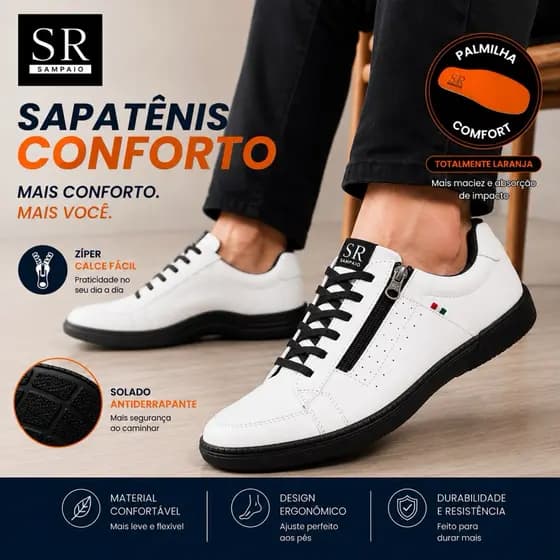 Sapatens Masculino Casual Zíper Calce Fácil Linha Confort Macio Leve Palmilha EVA