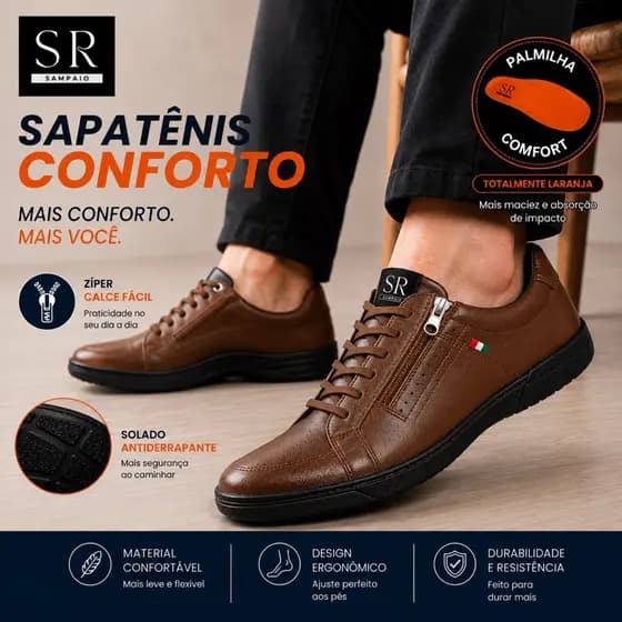 Sapatênis Masculino Elástico Couro Zíper Confortável Preço de Fábrica Linha Conforto Super Macio