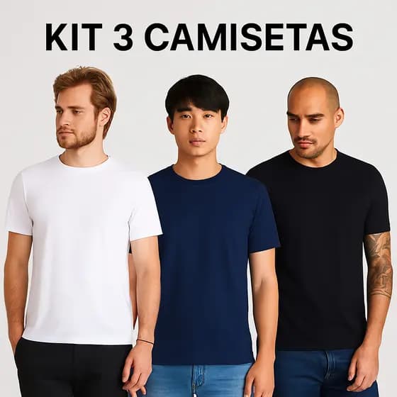 Kit 3 Camisetas Básicas 100% Algodão Lisa Masculina KB201-K3