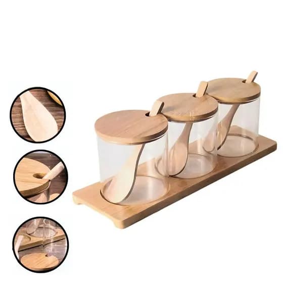 Kit 3 Potes Porta condimentos Temperos de Vidro com Suporte tampa em bambu Saleiro 270 ml