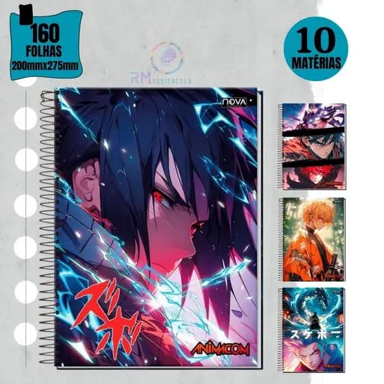 Caderno Menino Escolar 10 Matérias Capa Dura Animativa Universitário Anime 160 Folhas -
