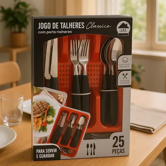 Jogo de Talheres em Aço Inox 25 Peças Faqueiro Kit Faca Garfo Colher com Porta Talheres de Gaveta