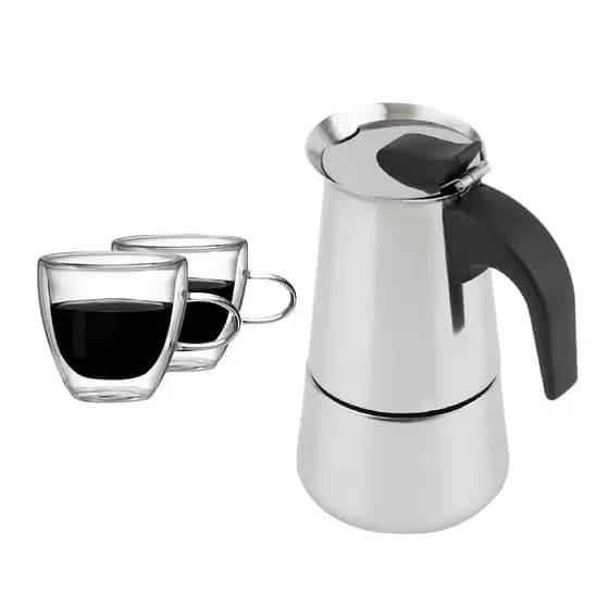 Cafeteira Italiana Moka 450ml + 2 Canecas Vidro Duplo 120ml