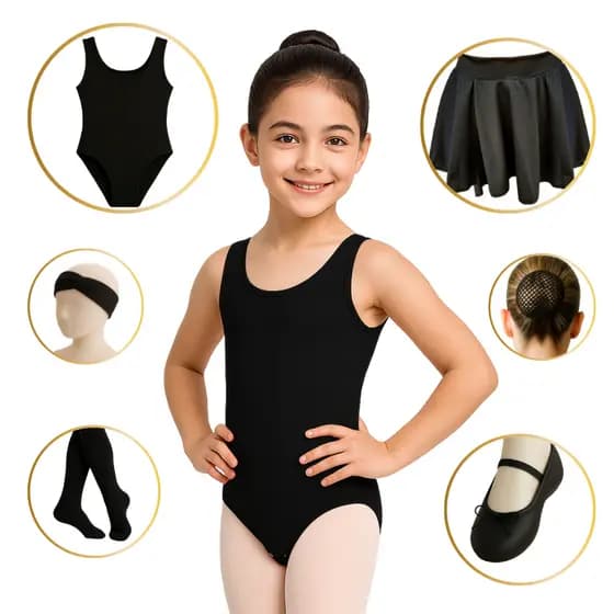 Kit Ballet Completo com 6 Peças PRETO (Tam 2 a 16) Regata, saia Cós, Rede, Faixa, Sapatilha e Meia PRETA
