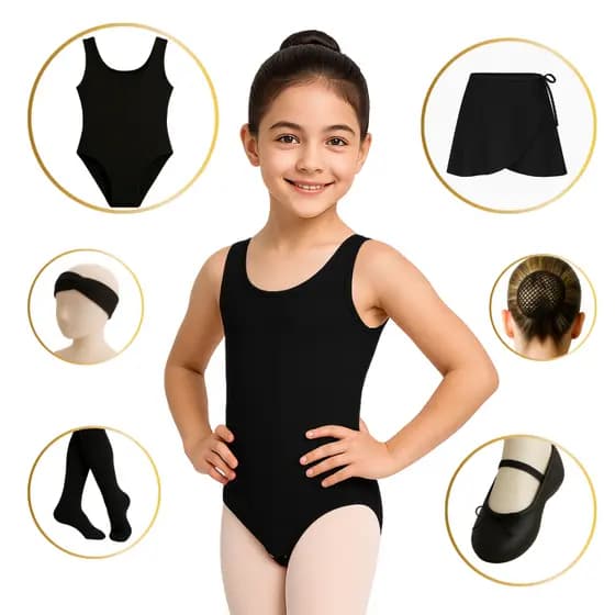 Kit Ballet Completo com 6 Peças PRETO (Tam 2 a 16) Regata, saia Transpassar, Rede, Faixa, Sapatilha, Meia PRETA