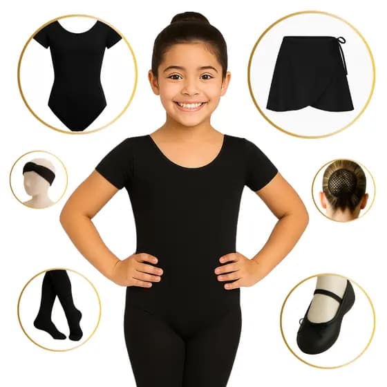 Produto Kit Ballet 6 Peça PRETO (Tam 2 a 16) Manga Curta, Saia transpassar, Rede, Faixa, Sapatilha e Meia PRETA