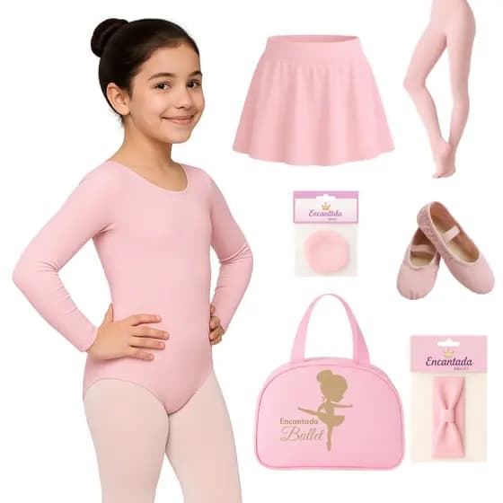KIT Ballet (7 pç - ROSA) Manga Longa + Saia Cós + Rede + Faixa + Meia Fio 40 + Sapatilha + Bolsa