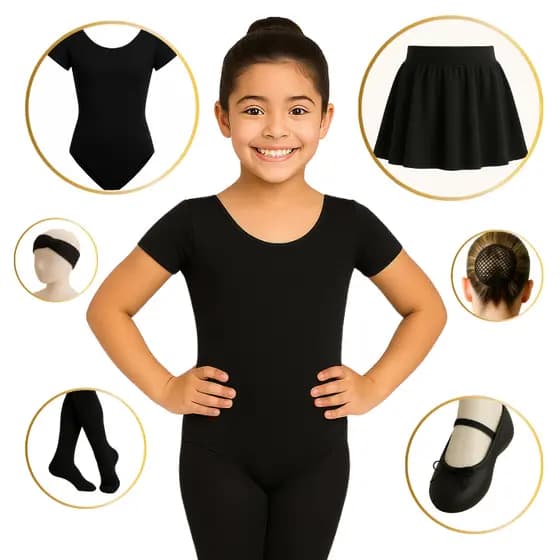 Kit Ballet Completo com 6 Peças PRETO (Tam 2 a 16) Manga Curta, Cós, Rede, Faixa, Sapatilha e Meia PRETA (Envio Imediato