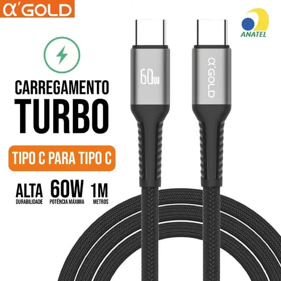 Cabo carregador Tipo C Para Tipo C 1M 60W AGold Turbo Rápido e Ultra Resistente serve Android IPhone