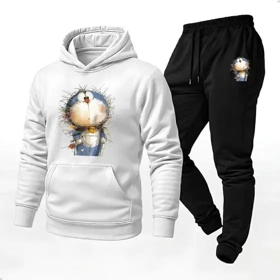 Conjunto Blusa Moletom Canguru + Calça Uniseex Moda Inverno Gato Rabisco Lançamento 2026