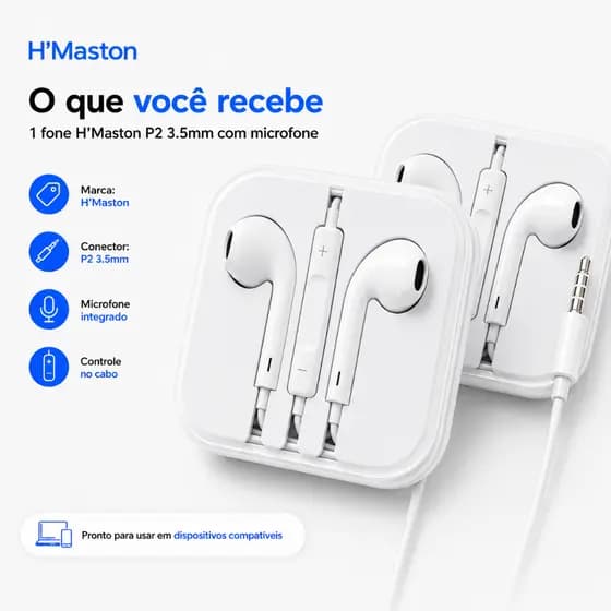KIT 2 Fones de ouvido com P2 3.5mm e Microfone Para Celular Notebook PC Branco