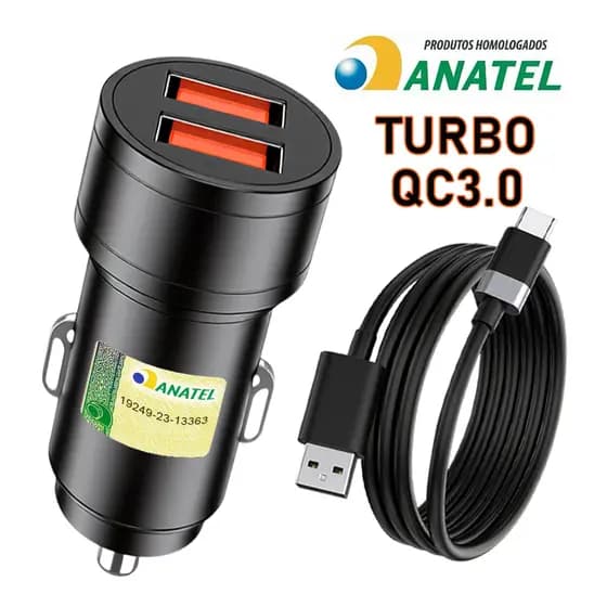 Carregador Turbo Veicular Carga Rápida com Cabo 2 Saídas USB 4.8A Cor aleatória