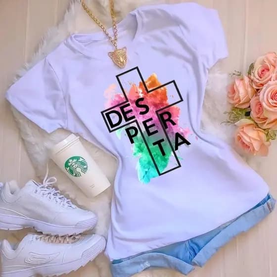 camisa Camiseta Estampada Baby Look Tecido De Poliéster Moda Evangélica Roupa Feminina Manga Curta Justinha