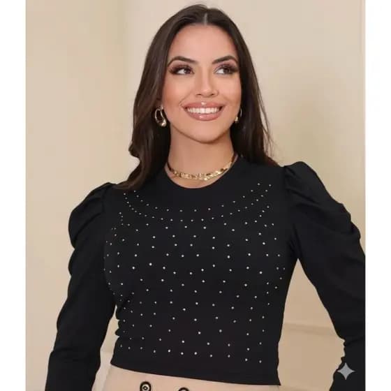 Blusa Cropped Feminina Canelada Com Brilho Frontal Manga Bufante com Strass – Elegante e Confortável ✨