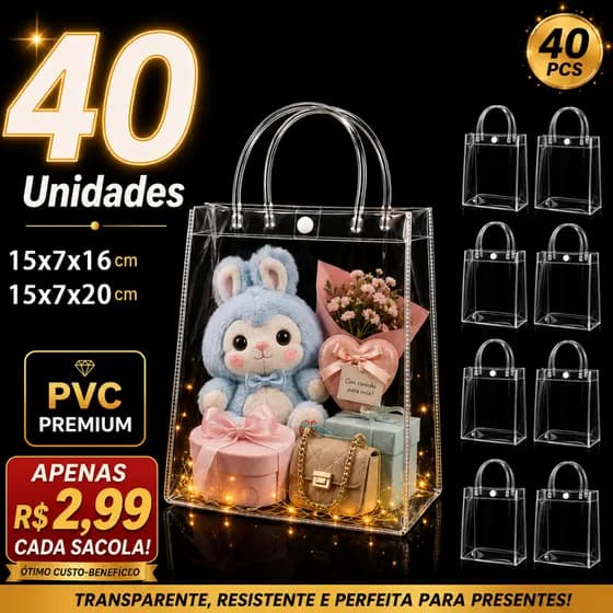 10/20/30/40 Sacolas de Presente PVC Transparente com Alças Reforçadas Reutilizáveis Ideal para festas celebrações