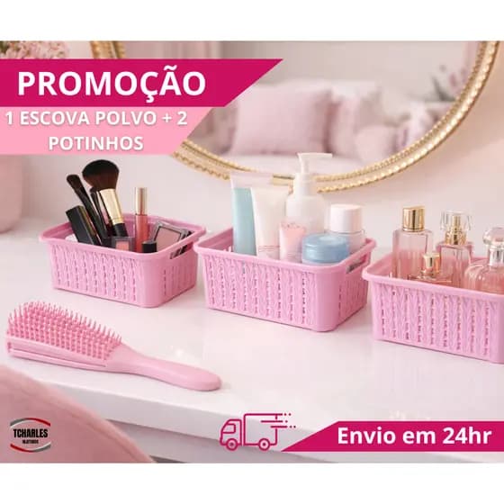PROMOÇÃO 1 Escova polvo + 2 CESTINHOS - Pote Organizador quarto menina + Pente Cabelo cacheado liso ondulado